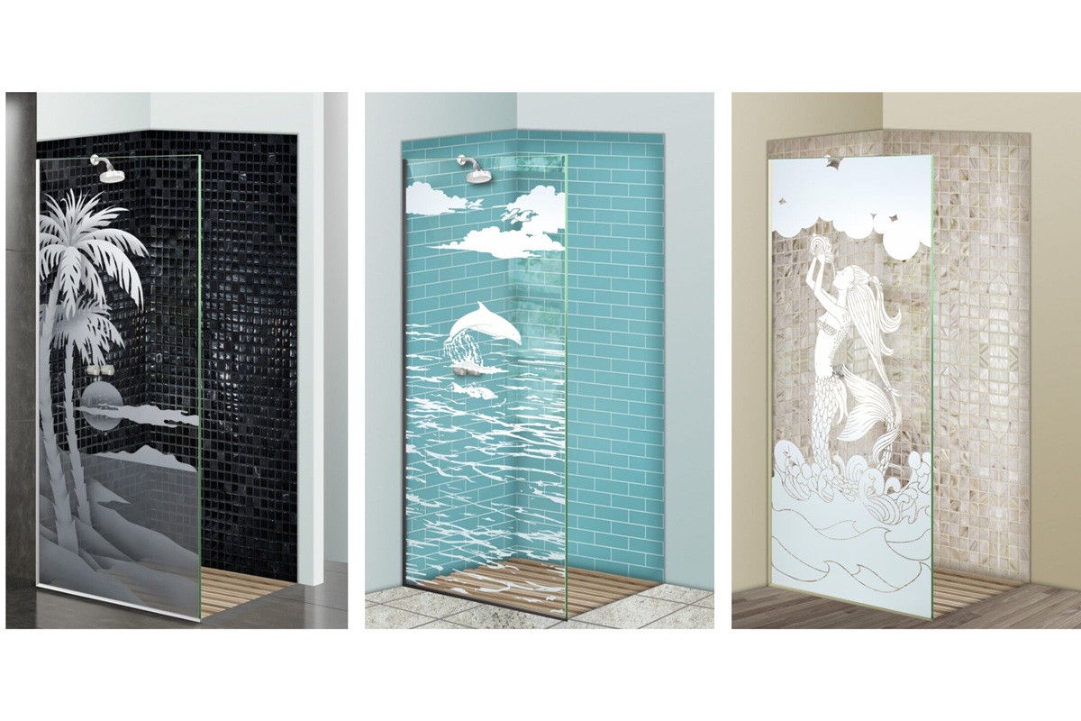 Frosted glass shower panels with coastal-inspired designs featuring palm trees, dolphins, and a mermaid by Sans Soucie Art Glass
