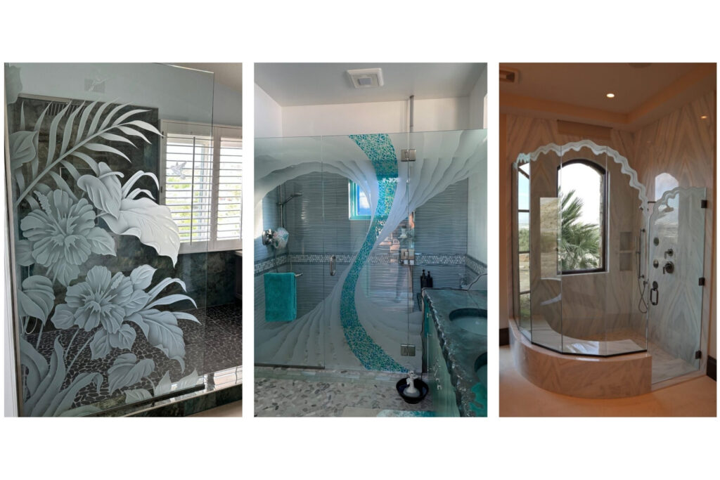Frameless frosted glass shower enclosures and panels featuring custom etched and carved designs in luxury bathrooms.