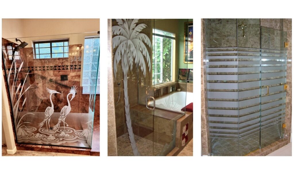 Frameless frosted glass shower enclosures featuring etched tropical birds, palm trees, and horizontal stripe designs in custom bathroom settings.