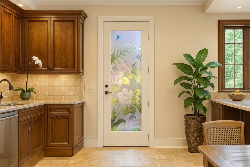 Traditional kitchen interior featuring a decorative glass for pantry doors with a vibrant frosted floral design and painted hummingbirds.