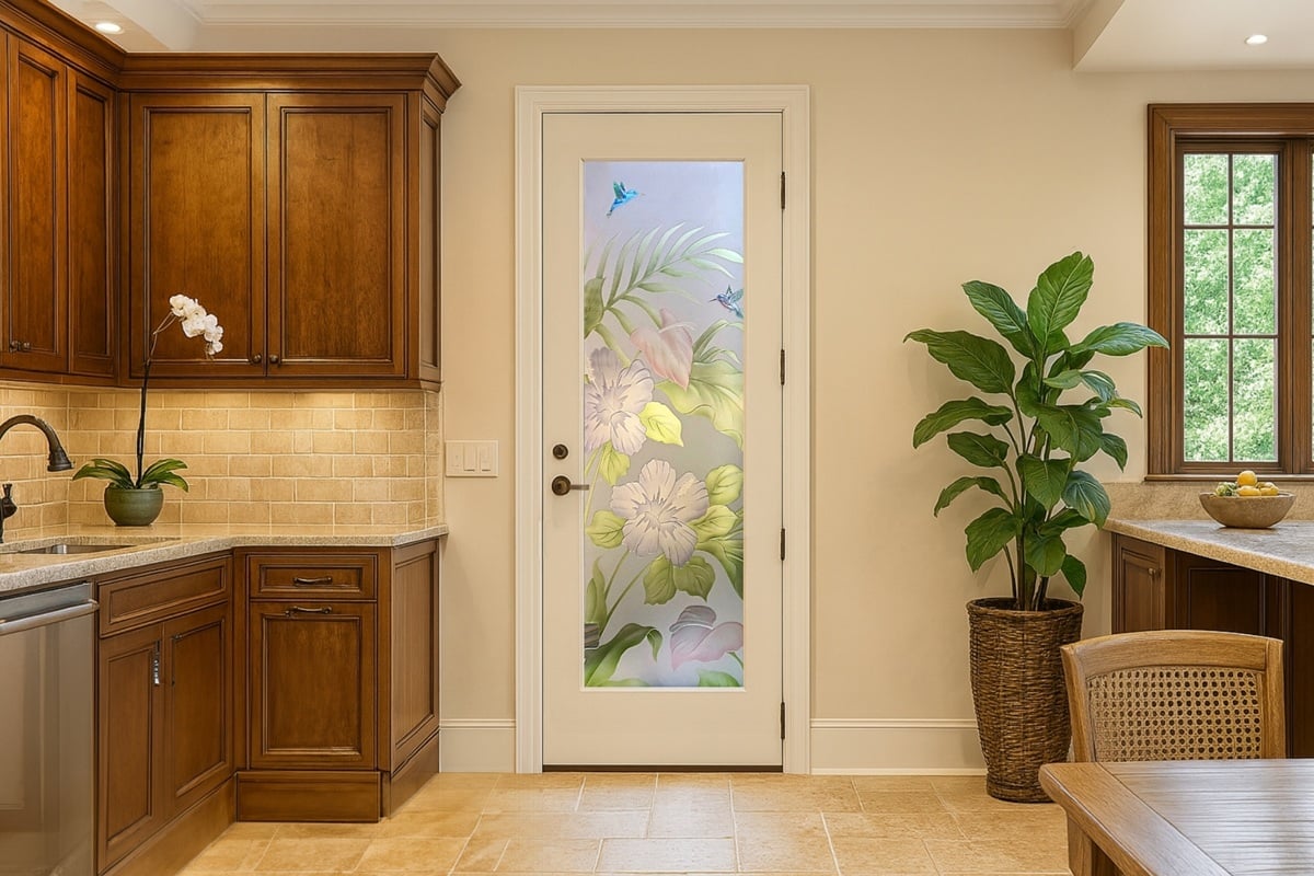 Traditional kitchen interior featuring a decorative glass for pantry doors with a vibrant frosted floral design and painted hummingbirds.