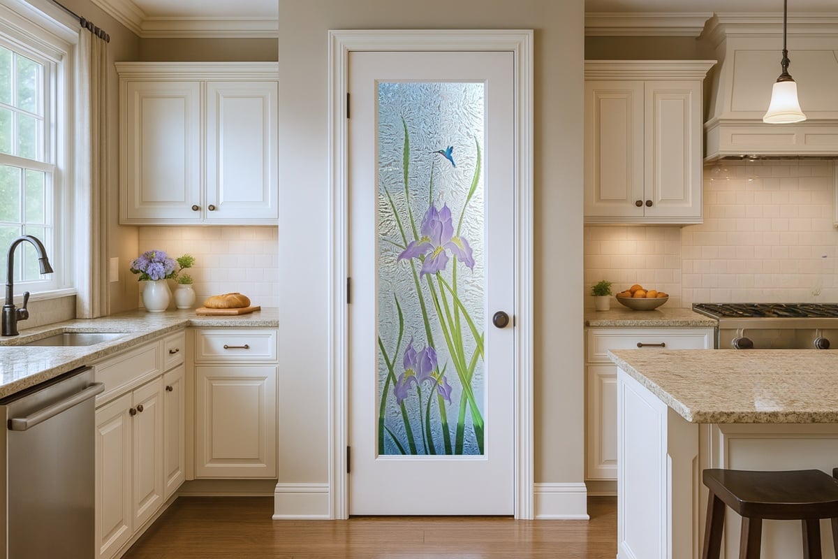Traditional kitchen with a frosted glass pantry door featuring gluechip finish, a hand-etched design of purple irises and a hummingbird, surrounded by cream cabinets and granite countertops.