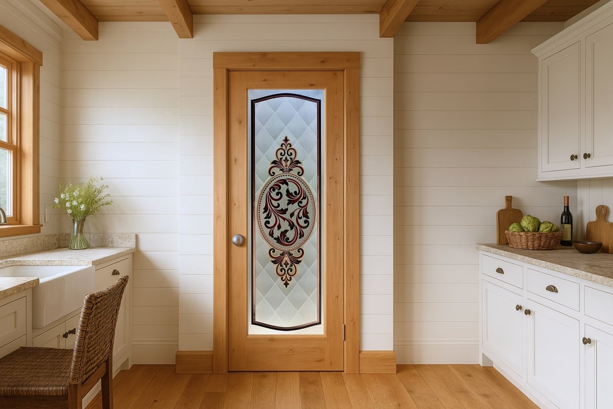 A farmhouse kitchen featuring a carved, painted frosted glass pantry door with an ornate royal filigree design, framed in natural wood.
