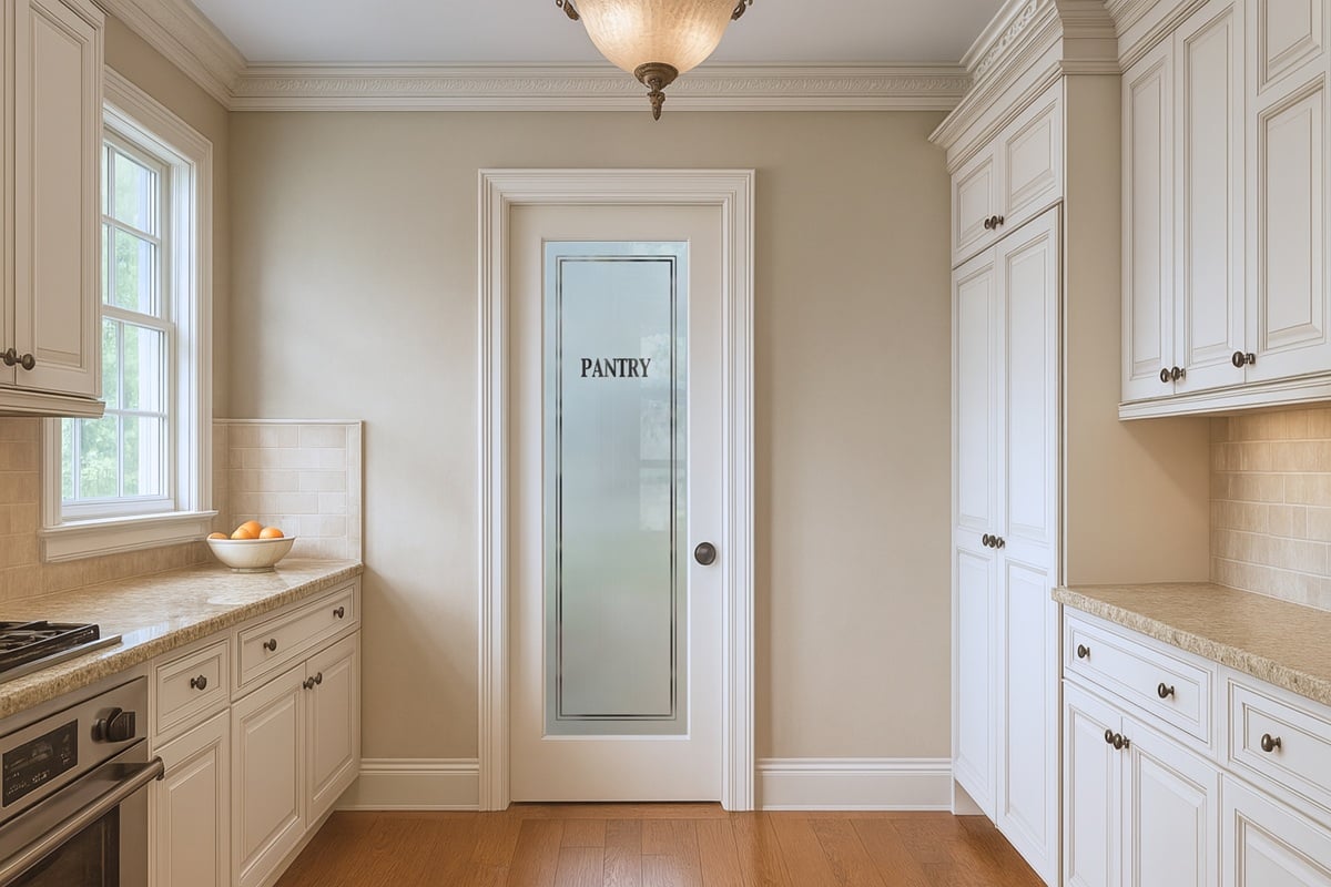 A traditional kitchen with a white frosted glass pantry door labeled "Pantry," framed by elegant molding and surrounded by classic cream cabinetry.