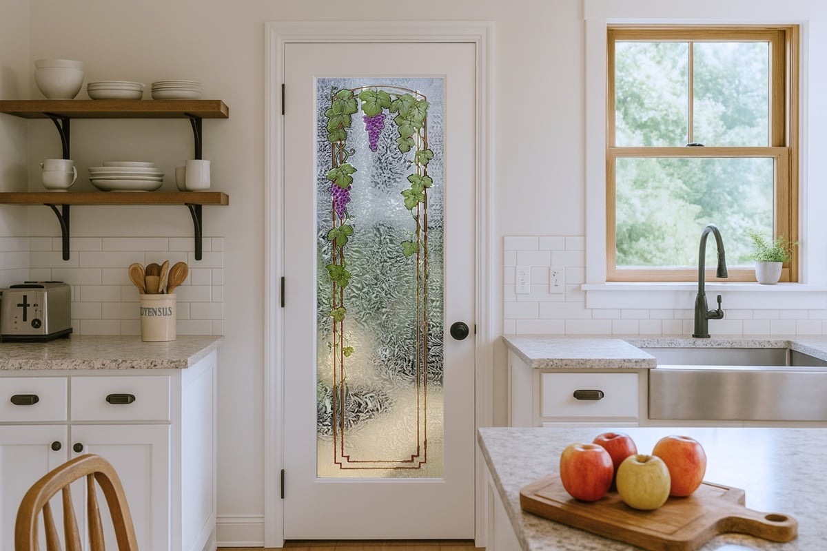 Bright farmhouse kitchen with a white pantry door featuring a frosted glass panel decorated with colorful grapevines and trellis design.