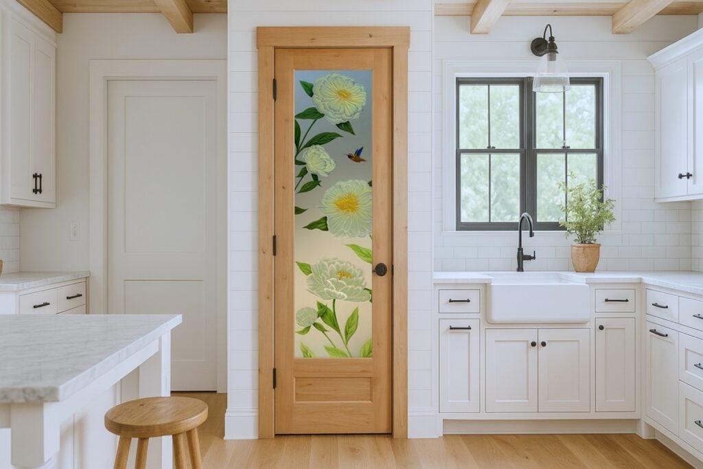 Bright white farmhouse kitchen with a natural wood pantry door featuring frosted glass etched and painted with large peony flowers and a hummingbird.