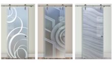 Frosted Glass Barn Door collage featuring a variety of hand-carved and painted glass barn doors in farmhouse styles.