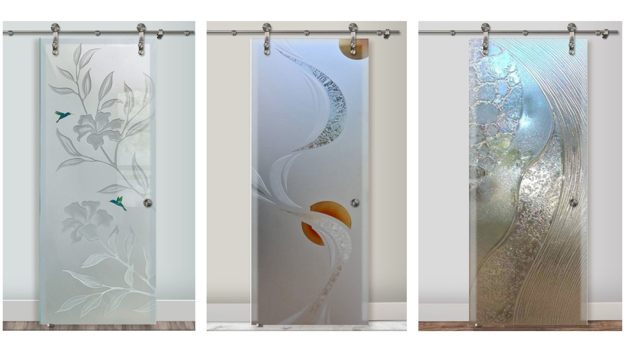 Best glass barn doors for master bathroom featuring frosted glass panels with artistic etched designs, including floral patterns with hummingbirds, abstract sun accents, and textured crystal waves for a custom, spa-like look.
