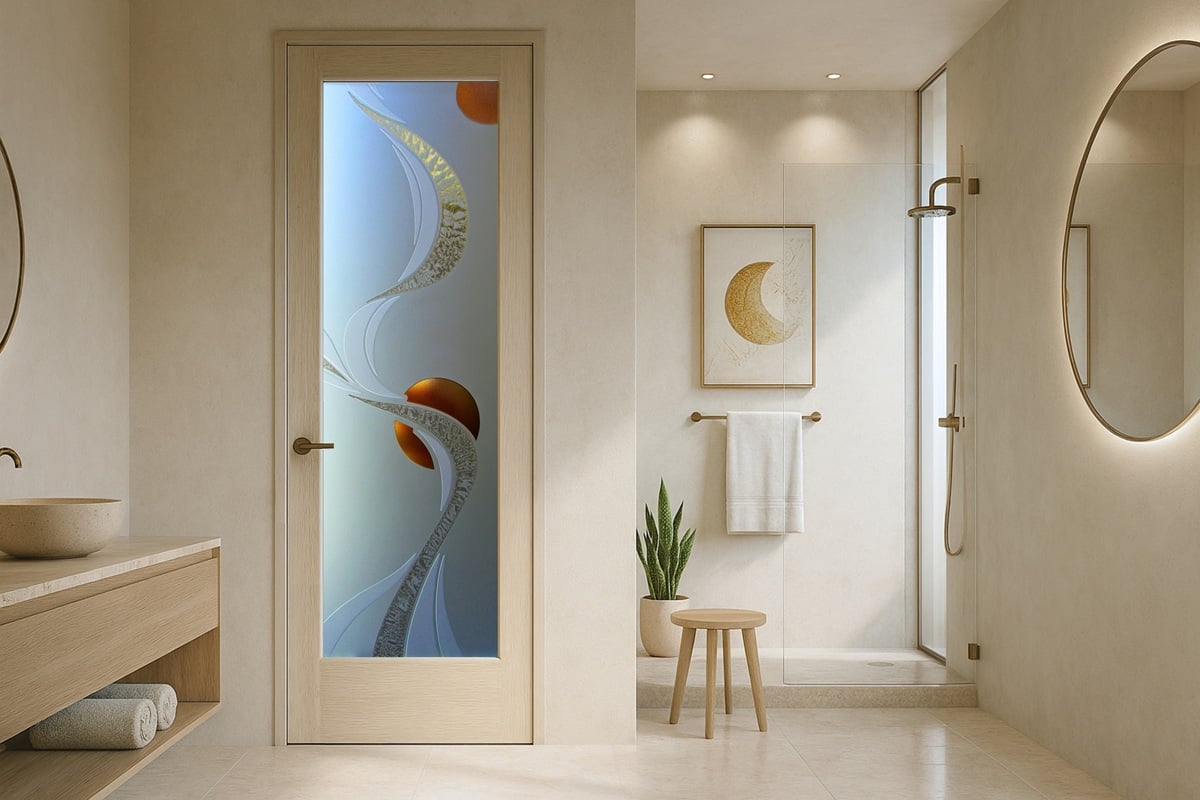 Frosted glass door for bathroom with 3D carved and painted abstract design, shown in a modern, neutral-toned bathroom.