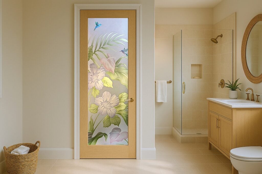 Frosted glass door for bathroom featuring a 3D carved and hand-painted tropical floral design with hummingbirds, set in a warm, natural-toned bathroom with a walk-in shower and wood vanity.