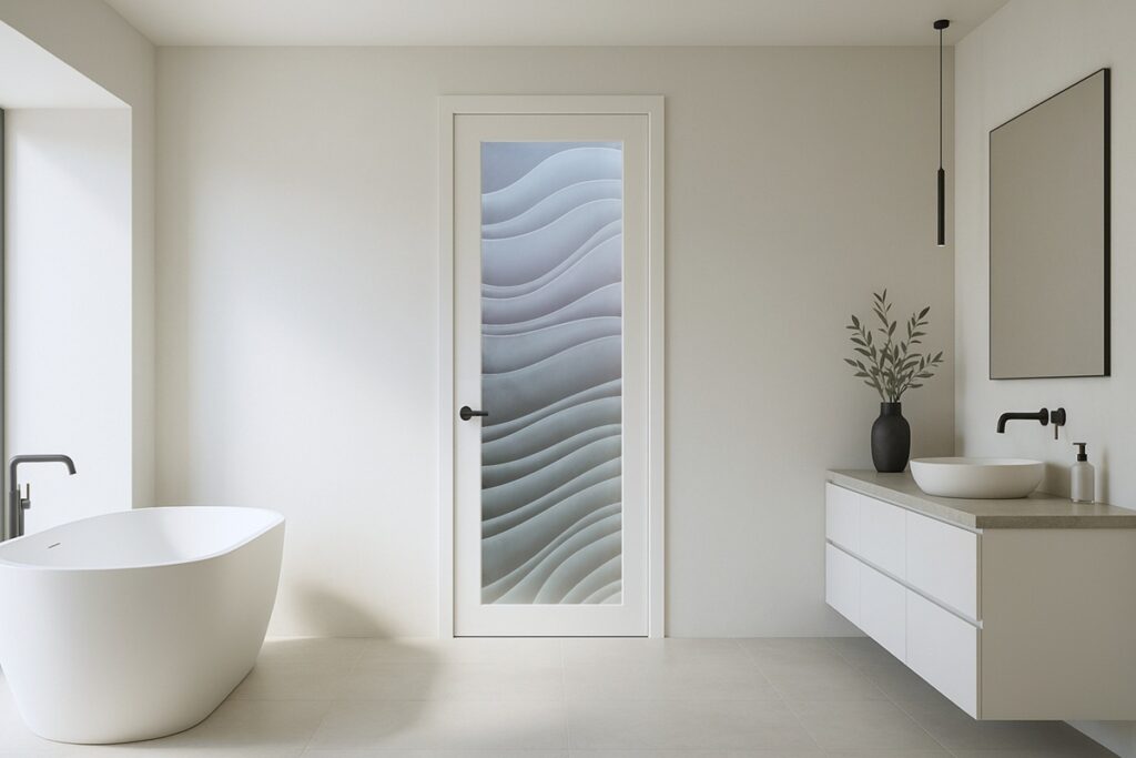 Frosted glass door for bathroom with a 3D carved wavy pattern, featured in a sleek, minimalist bathroom with a freestanding tub and modern floating vanity.