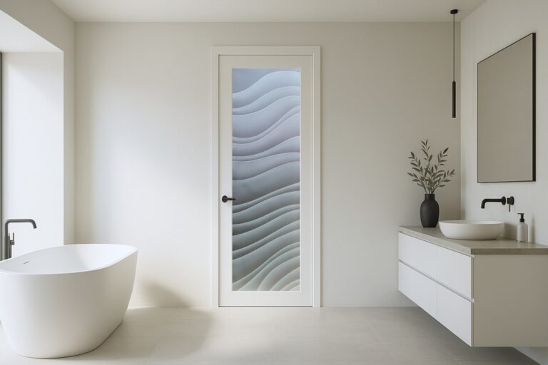 Frosted glass bathroom door idea that balances privacy with natural light in modern bathrooms.