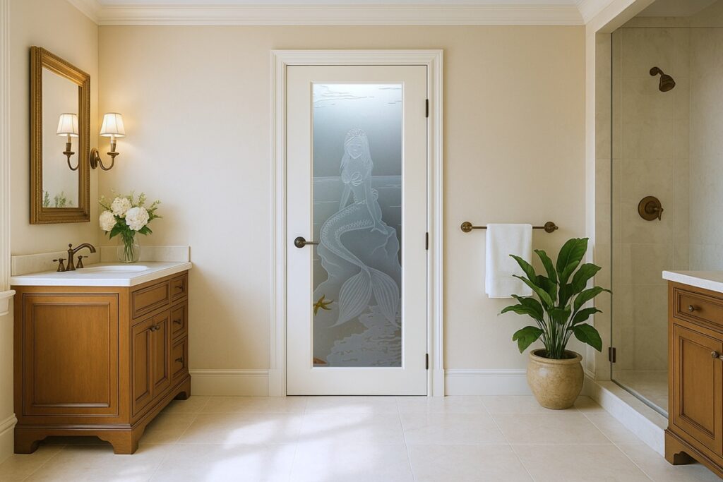 Frosted glass door for bathroom featuring a 3D carved mermaid design, set in an elegant traditional bathroom.