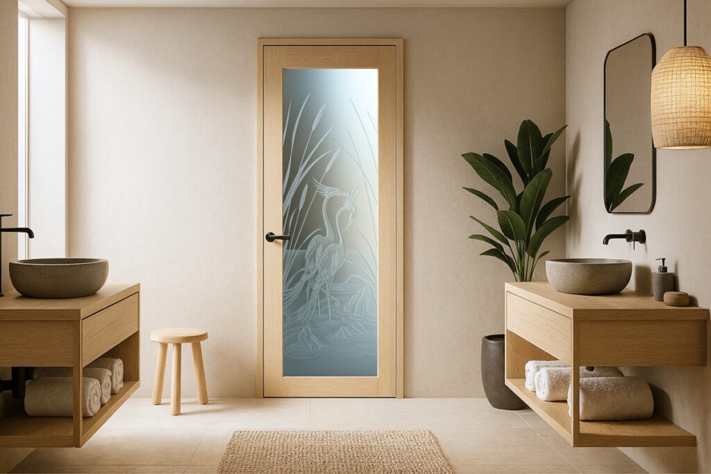 Frosted glass door for bathroom featuring a 3D carved crane and cattails design, showcased in a Japandi-style bathroom.