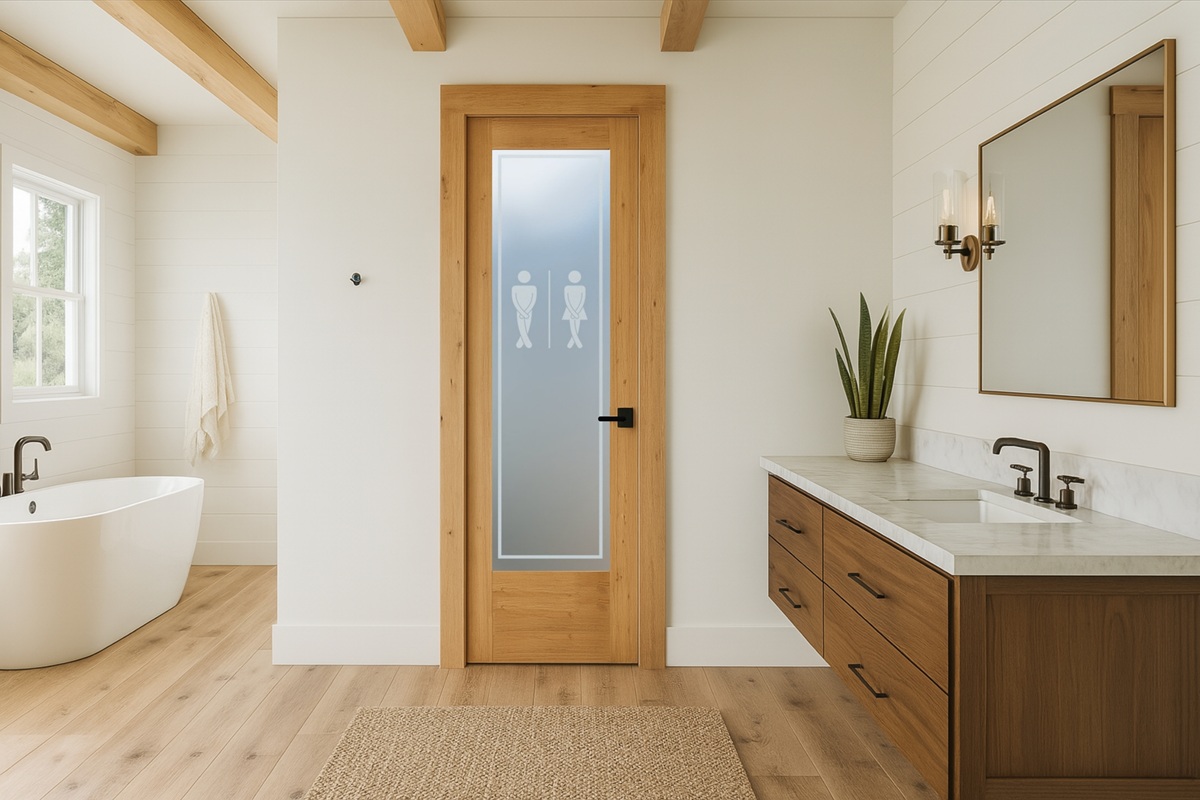 Private frosted glass bathroom door with etched male and female symbols, framed in natural wood, set in a bright and airy cottage farmhouse-style bathroom.