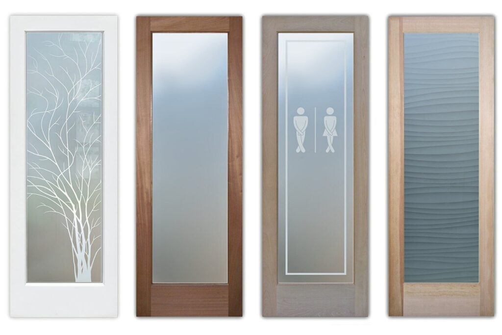 Minimalist frosted glass bathroom door designs featuring clean, simple styles—etched tree silhouette, solid frost, restroom icons, and wavy carved glass—each framed in sleek wood or white finishes.