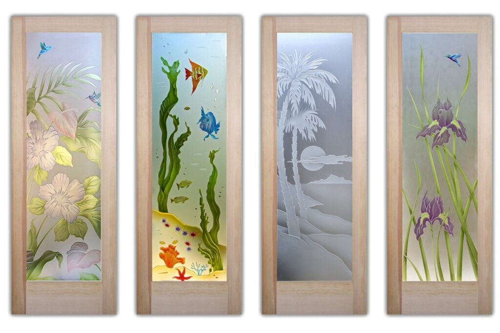 Decorative frosted glass bathroom door designs featuring colorful etched artwork of nature.