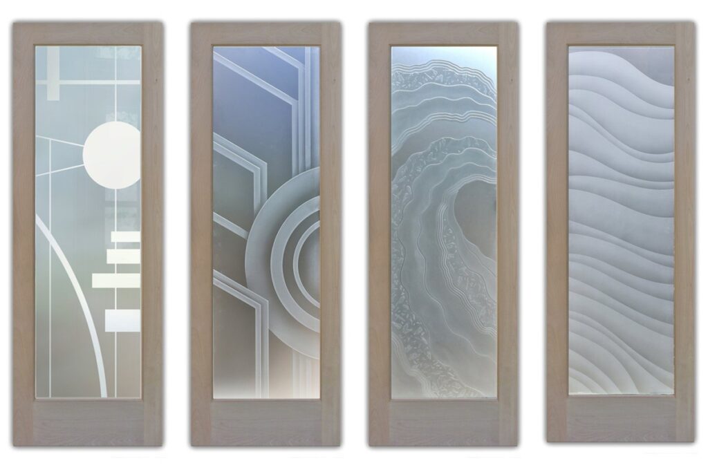 Geometric and abstract frosted glass bathroom door designs featuring etched patterns of circles, lines, topographic layers, and wavy textures.