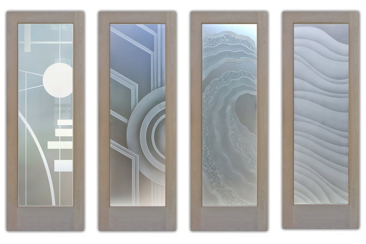 Geometric and abstract frosted glass bathroom door designs featuring etched patterns of circles, lines, topographic layers, and wavy textures.