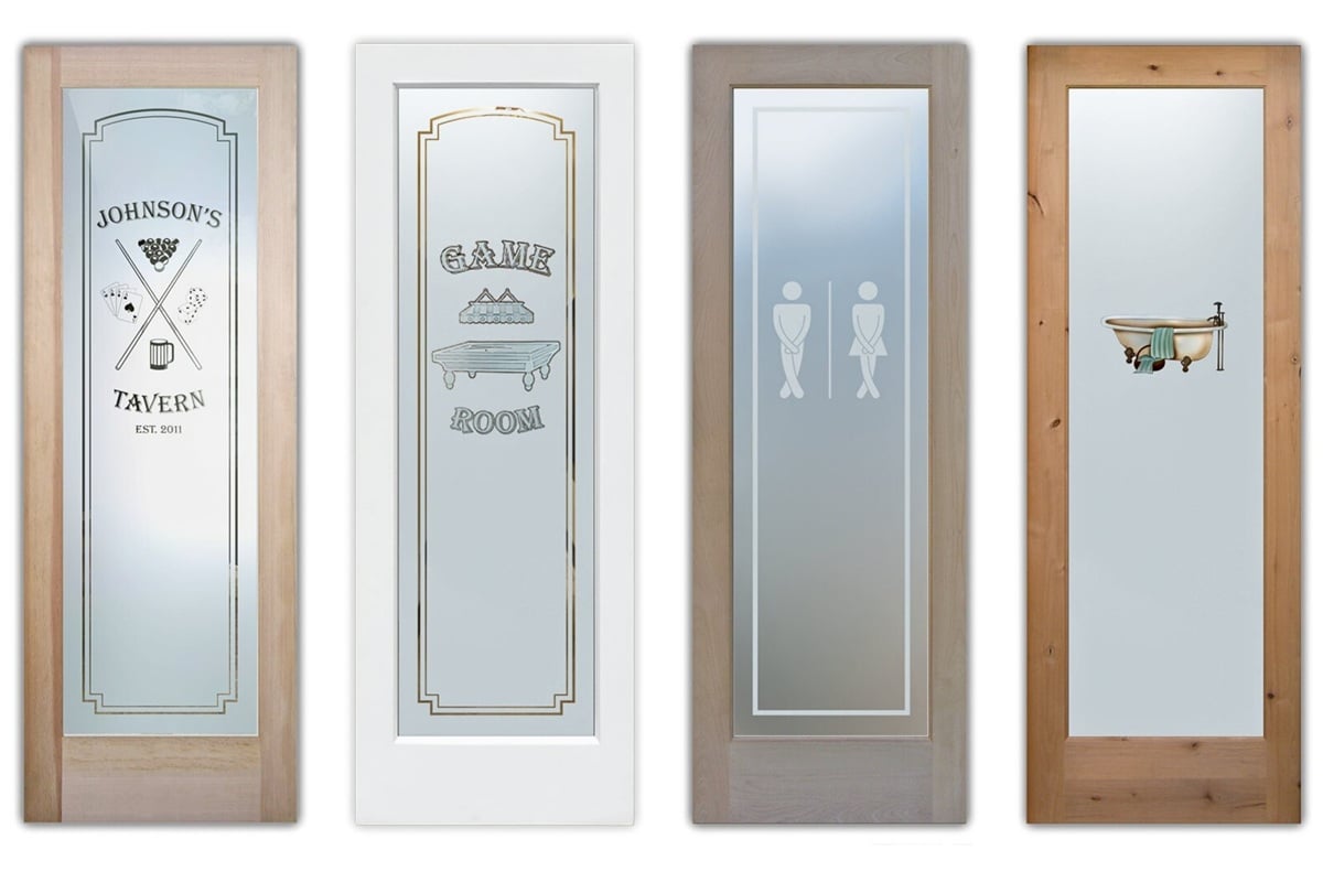 Frosted glass bathroom door designs featuring Text and Typography-Based Doors.