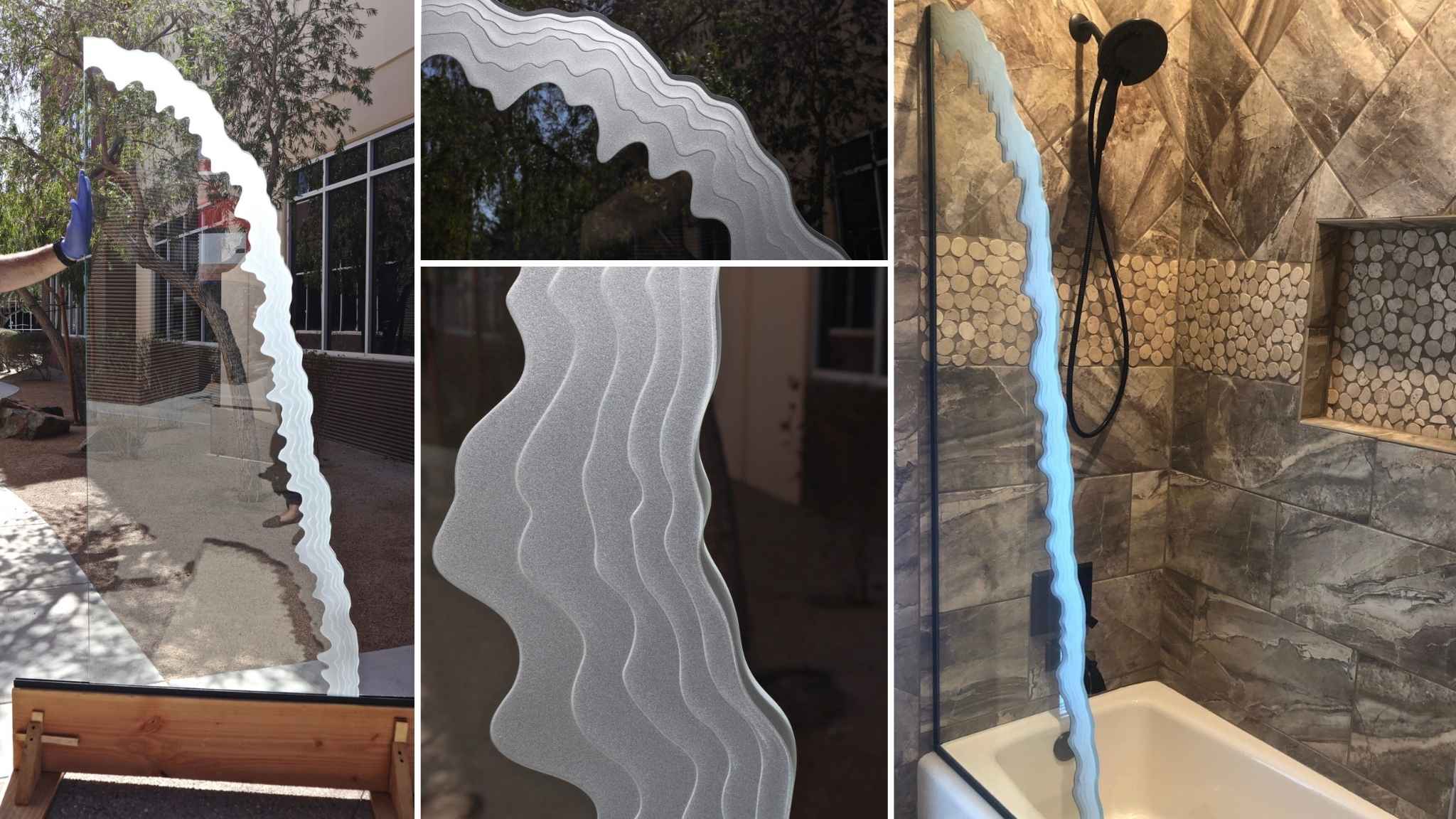 Collage of tempered frosted glass shower panel Iceberg Angle design with wavy carved edge, shown in close-up, outdoor lighting, and installed in a tiled shower space.
