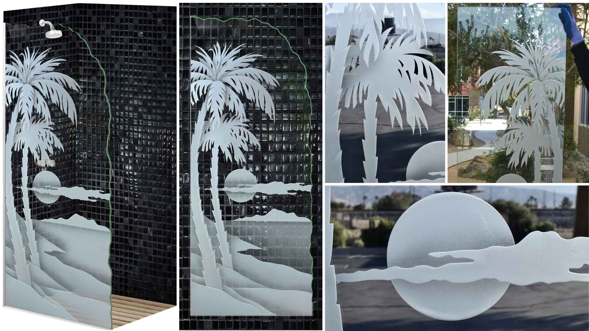 Collage of Palm Sunset shower partition featuring 3D carved and shaded tropical design on clear glass with chiseled irregular edge.