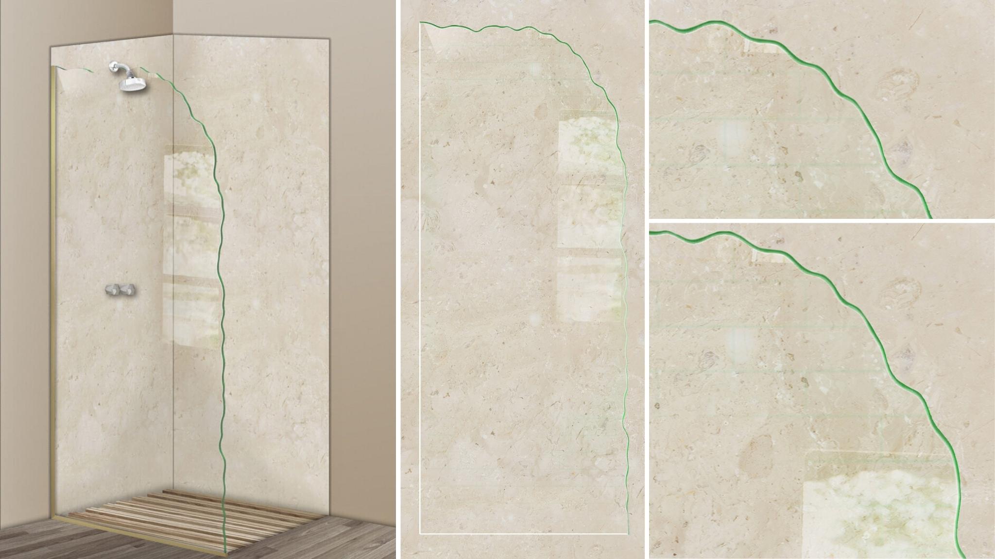 Tempered frosted glass shower panel shown in full view with close-up details and edge swatch.