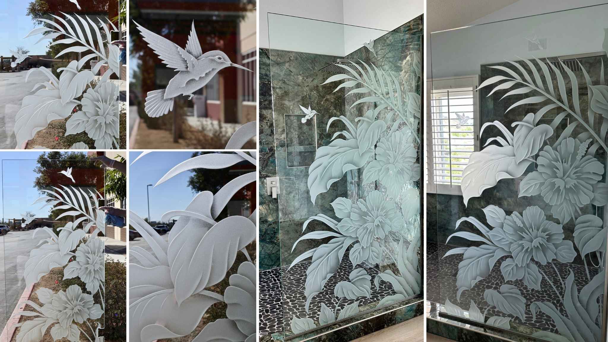Collage of Hibiscus Anthurium shower panel featuring 3D carved and shaded floral design with hummingbirds on clear glass, shown in close-up and installed in a tropical-inspired bathroom.