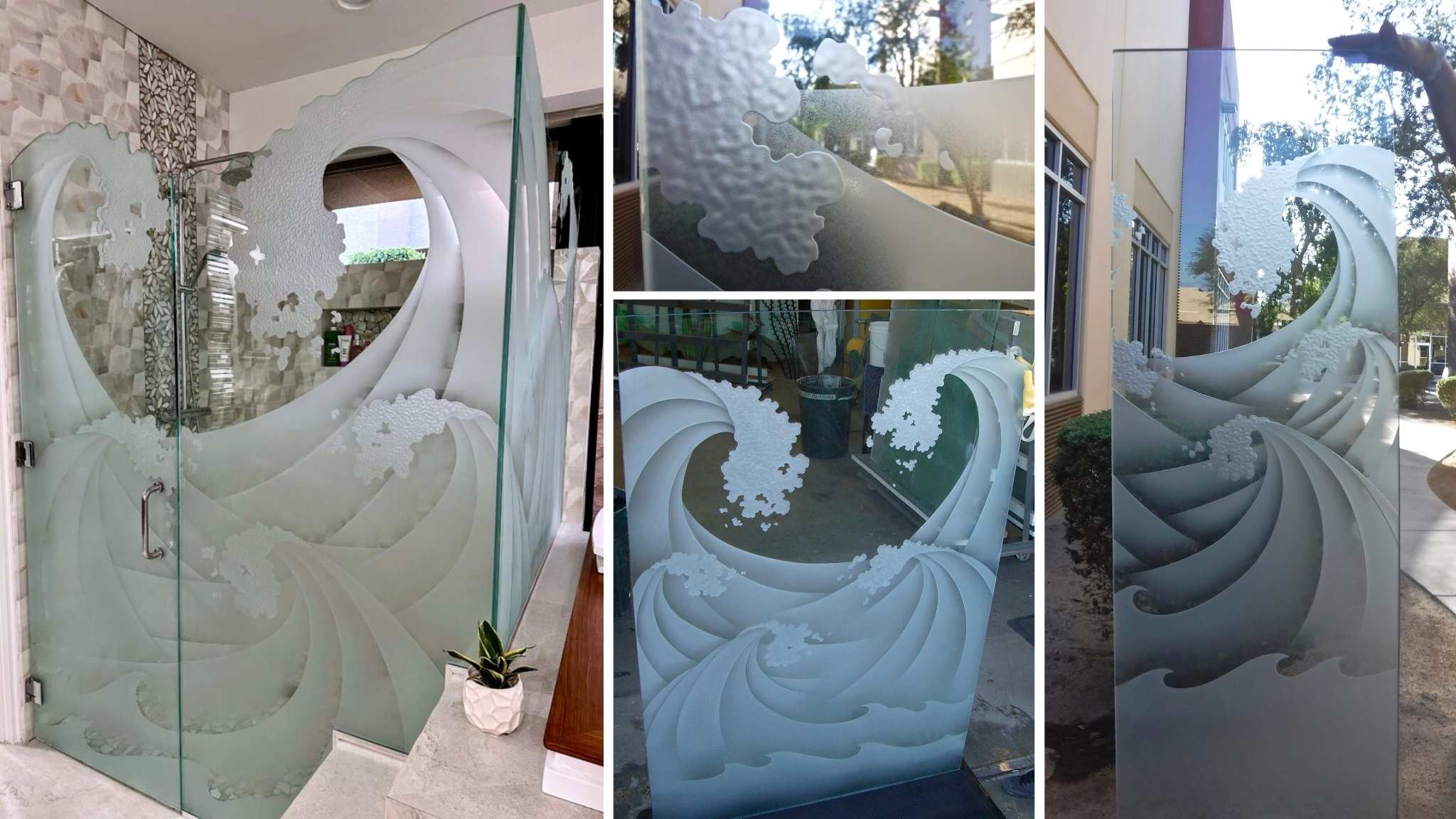 Etched glass panels featuring carved ocean wave designs with frosted and clear finishes.