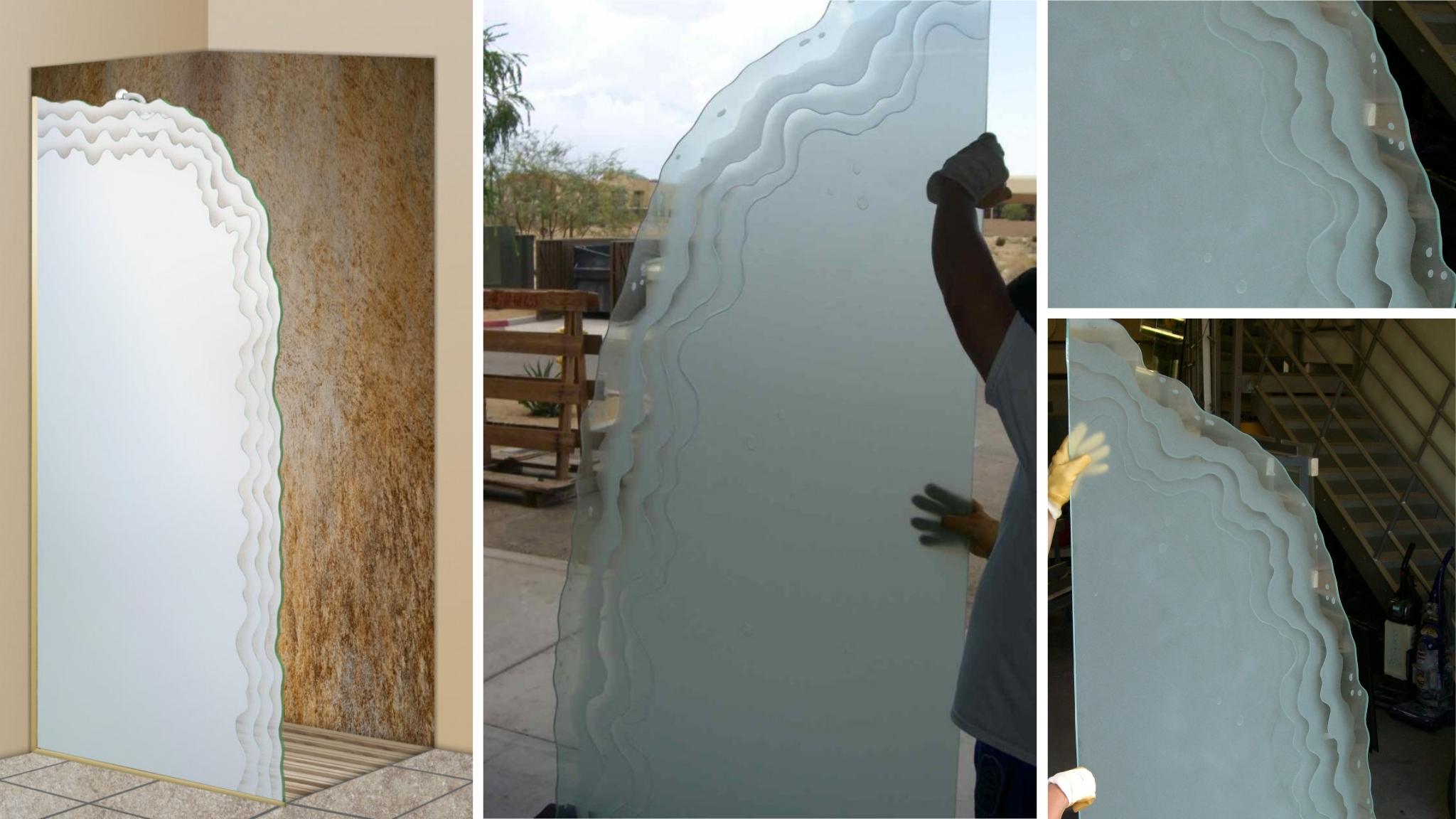 Frosted glass divider panels with carved shoreline wave contours, shown in various workshop and outdoor settings with gloved hands for scale.