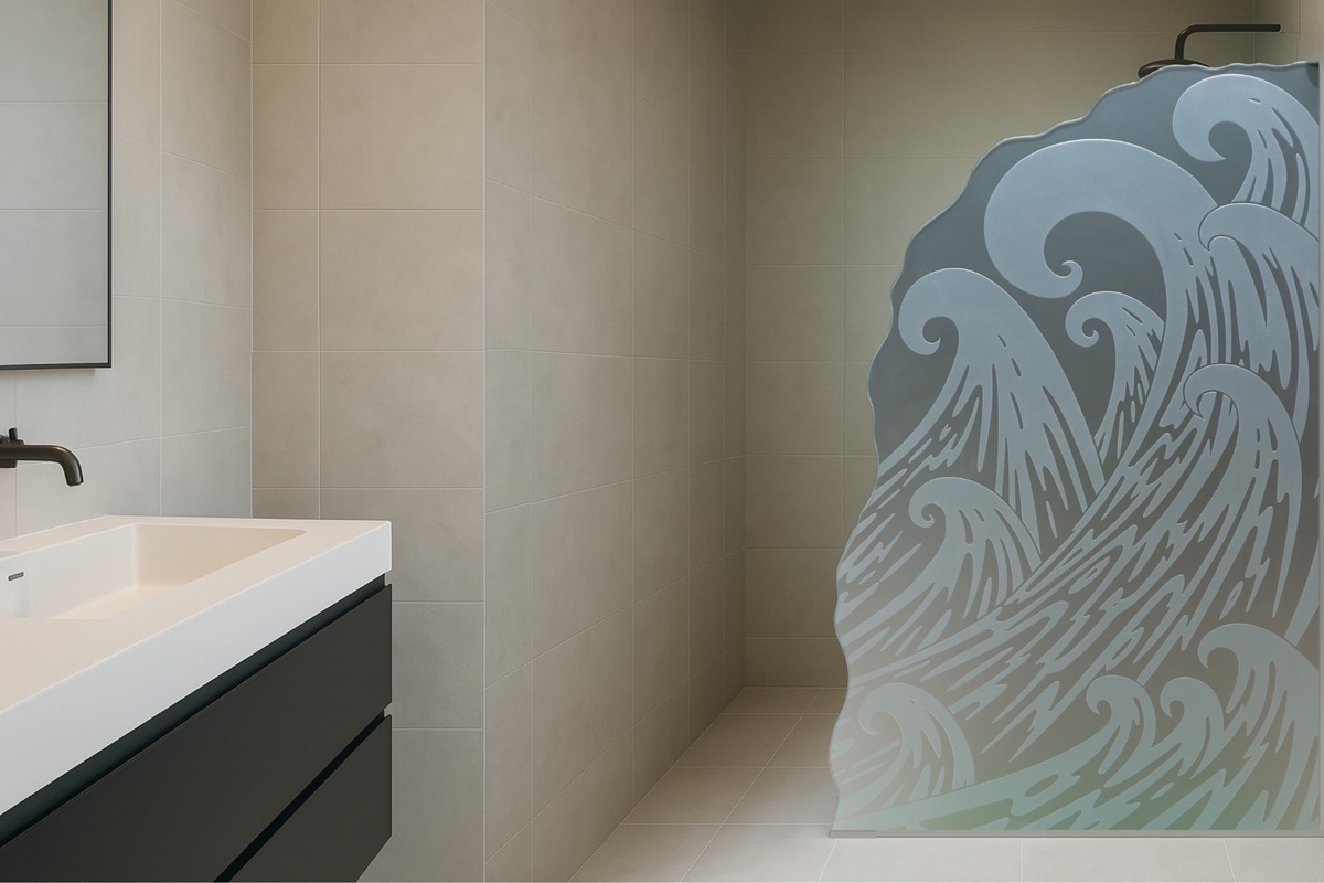 Modern bathroom with a clean, minimalist design featuring a frosted glass shower divider. The panel showcases Sans Soucie’s Newport Waves design in a 3D Flat Carved Private effect