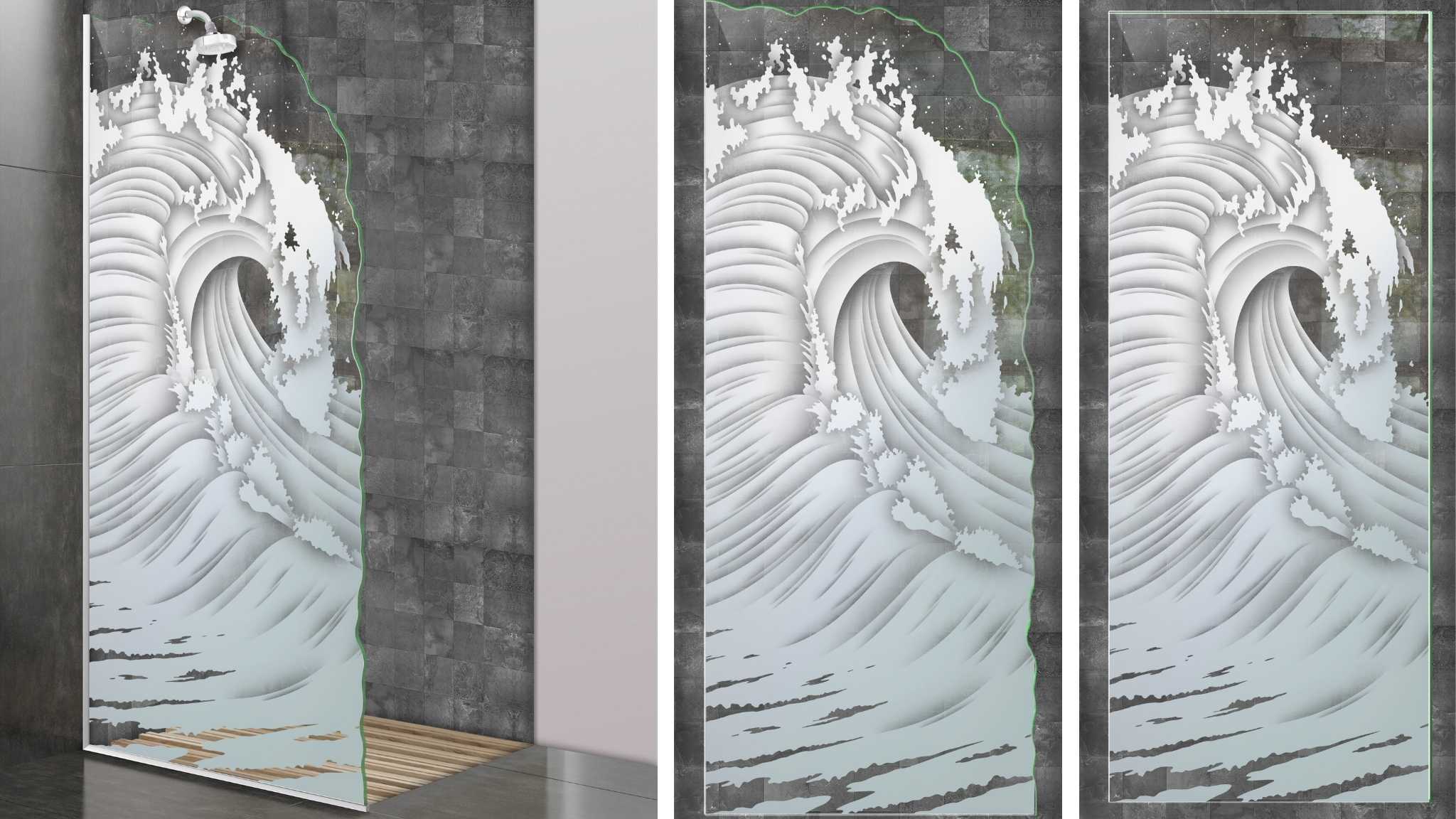 Collage of three frosted glass shower panels featuring the "CURL" wave design with a chiseled edge. The panels are shown in various angles and framing styles against a dark gray.