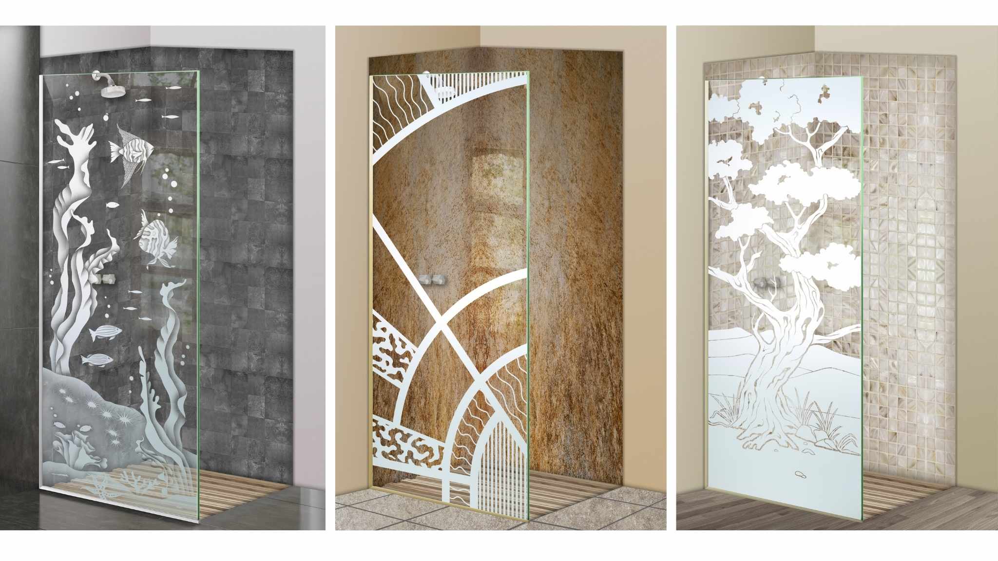 3 etched glass shower panels with underwater reef, geometric abstract, and bonsai tree designs, installed in modern tiled bathrooms with minimalist enclosures.