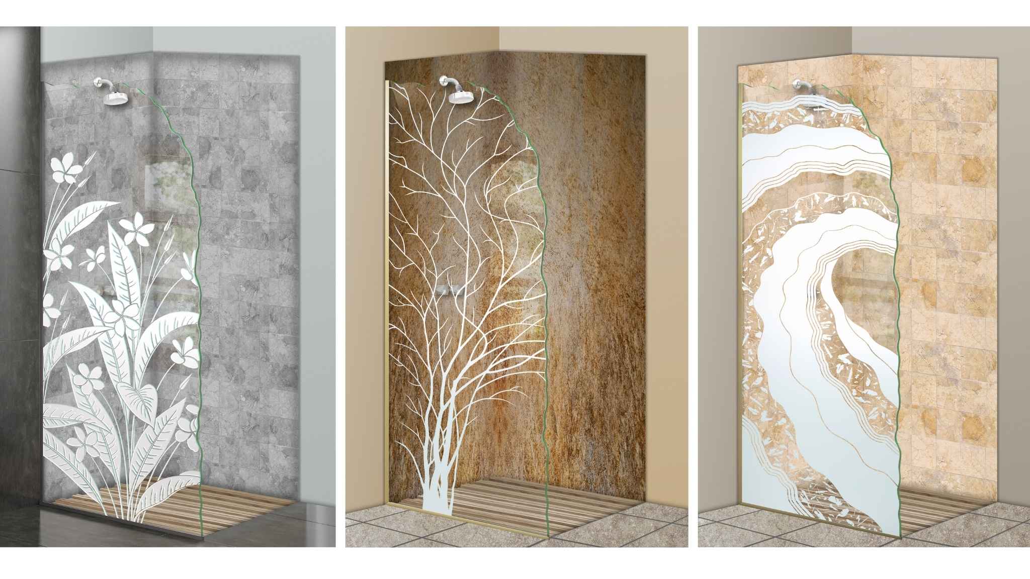 3 frosted glass shower panels featuring etched floral leaves, a bare tree silhouette, and abstract wave rings, all with chiseled edges and set in custom tile shower spaces.