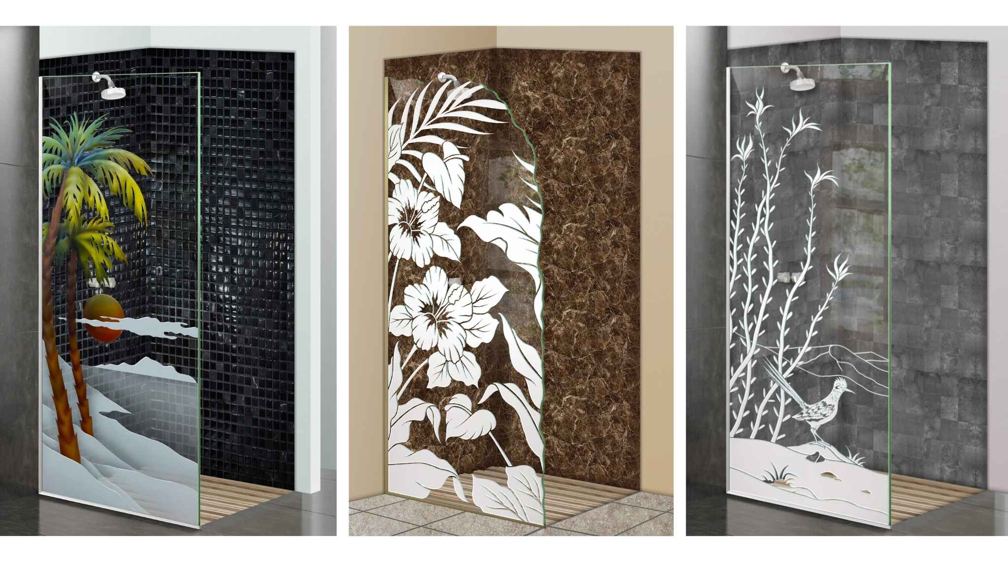 Three tempered glass shower panels with tropical, floral, and bird nature-themed etched designs.