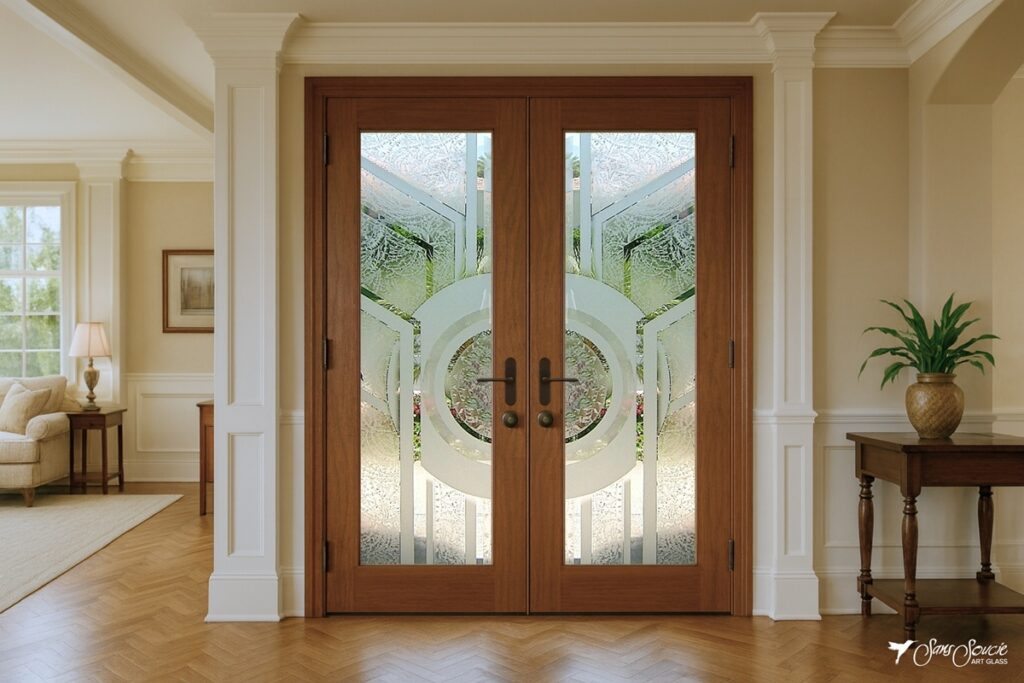 Mahogany double glass doors with matching 3D frosted glass inserts featuring the &ldquo;Sun Odyssey&rdquo; design by Sans Soucie, installed in an upscale traditional-style interior.