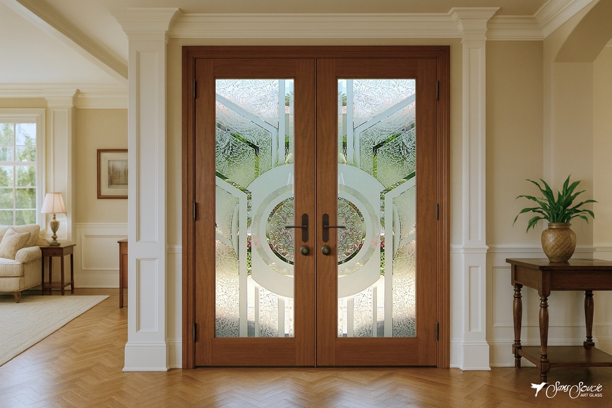 Mahogany double front doors with matching 3D frosted glass inserts featuring the “Sun Odyssey” design by Sans Soucie, installed in an upscale traditional-style interior.