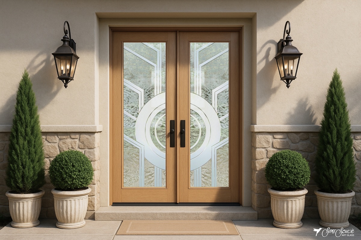 Double front entry doors made of natural oak with clear varnish, featuring matching Art Deco-inspired frosted glass inserts with circular geometric designs.