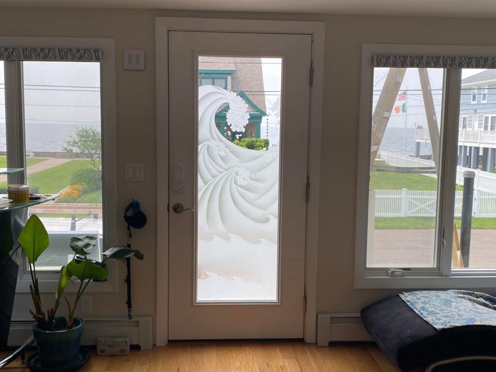 frosted glass front entry door with coastal design high seas sans soucie art glass