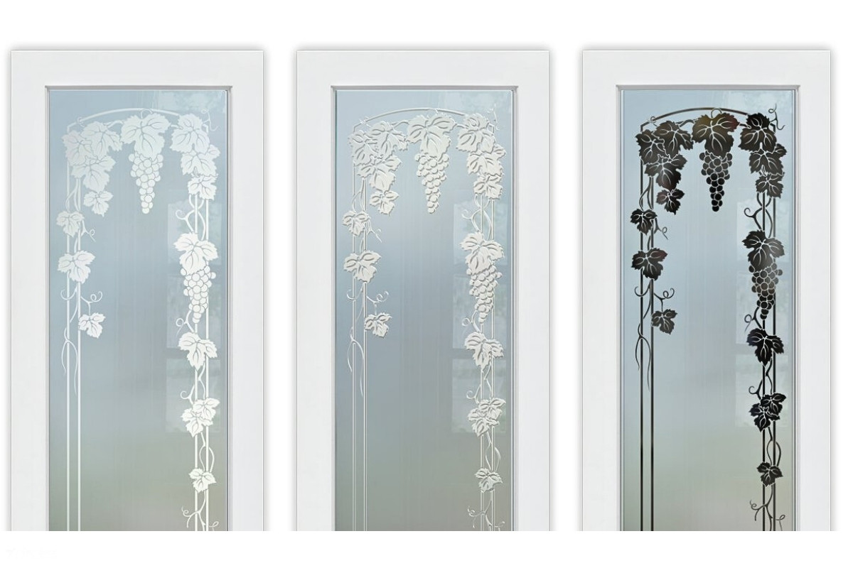Three farmhouse pantry doors with Vineyard Grapes Trellis designs in varying frosted glass effects.