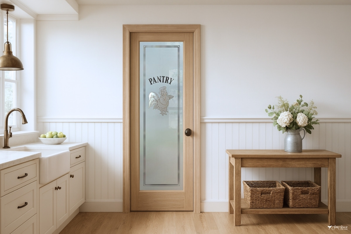 Frosted glass farmhouse pantry door featuring a whimsical Rooster Chef design in a bright, cozy kitchen setting.