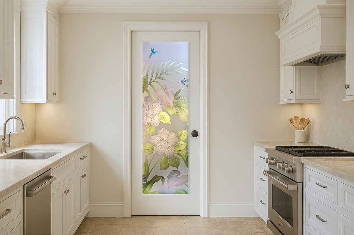 Farmhouse pantry door featuring the Hibiscus Anthurium frosted glass insert, showcasing artistic etched and painted details.