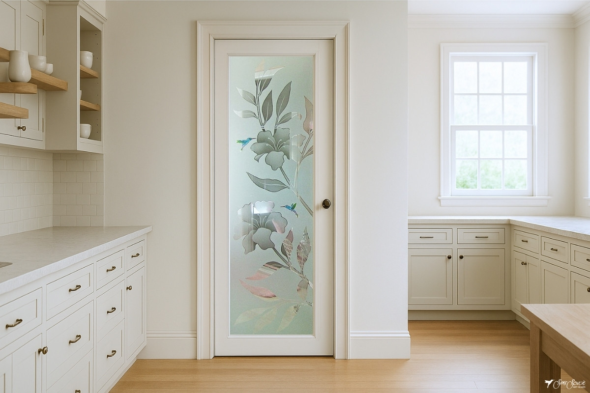 Farmhouse pantry door featuring the Hibiscus Hummingbirds frosted glass insert, framed in wood and showcasing artistic etched and/or painted details.