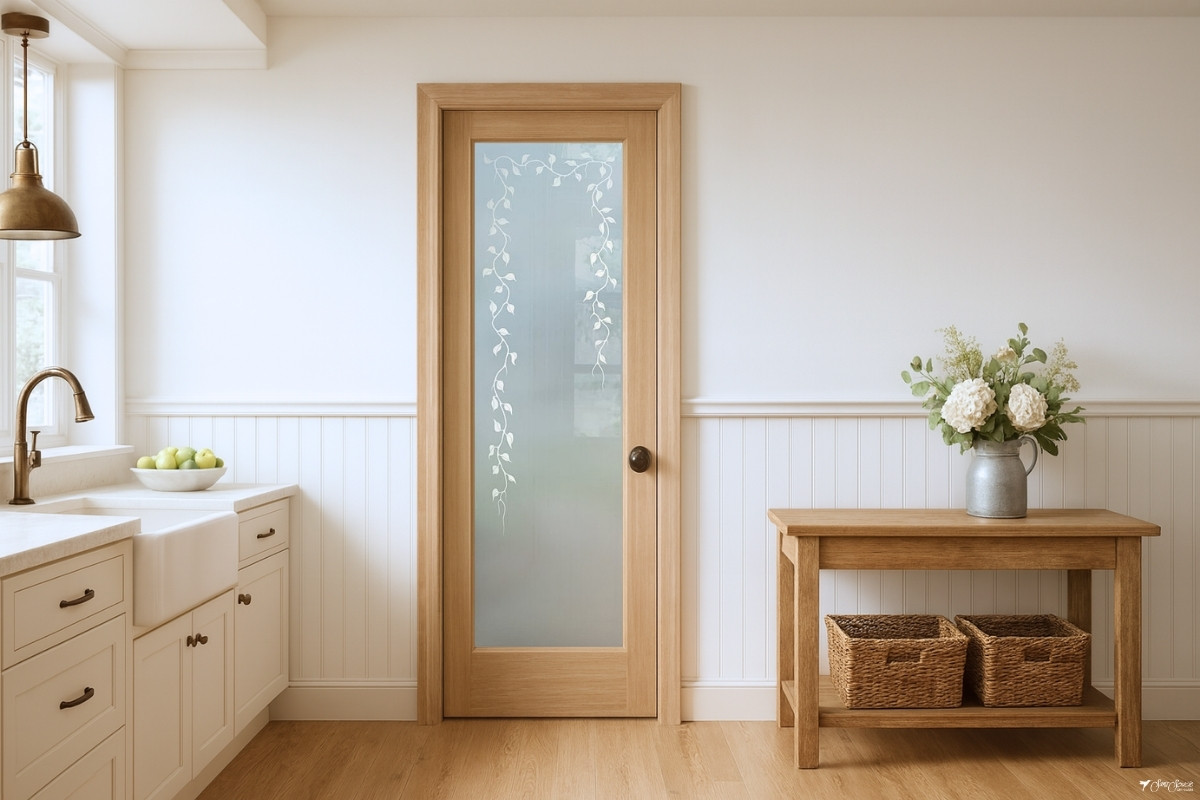 Farmhouse pantry door featuring the Elegant Vines frosted glass insert, framed in natural wood and showcasing artistic etched and/or painted details.