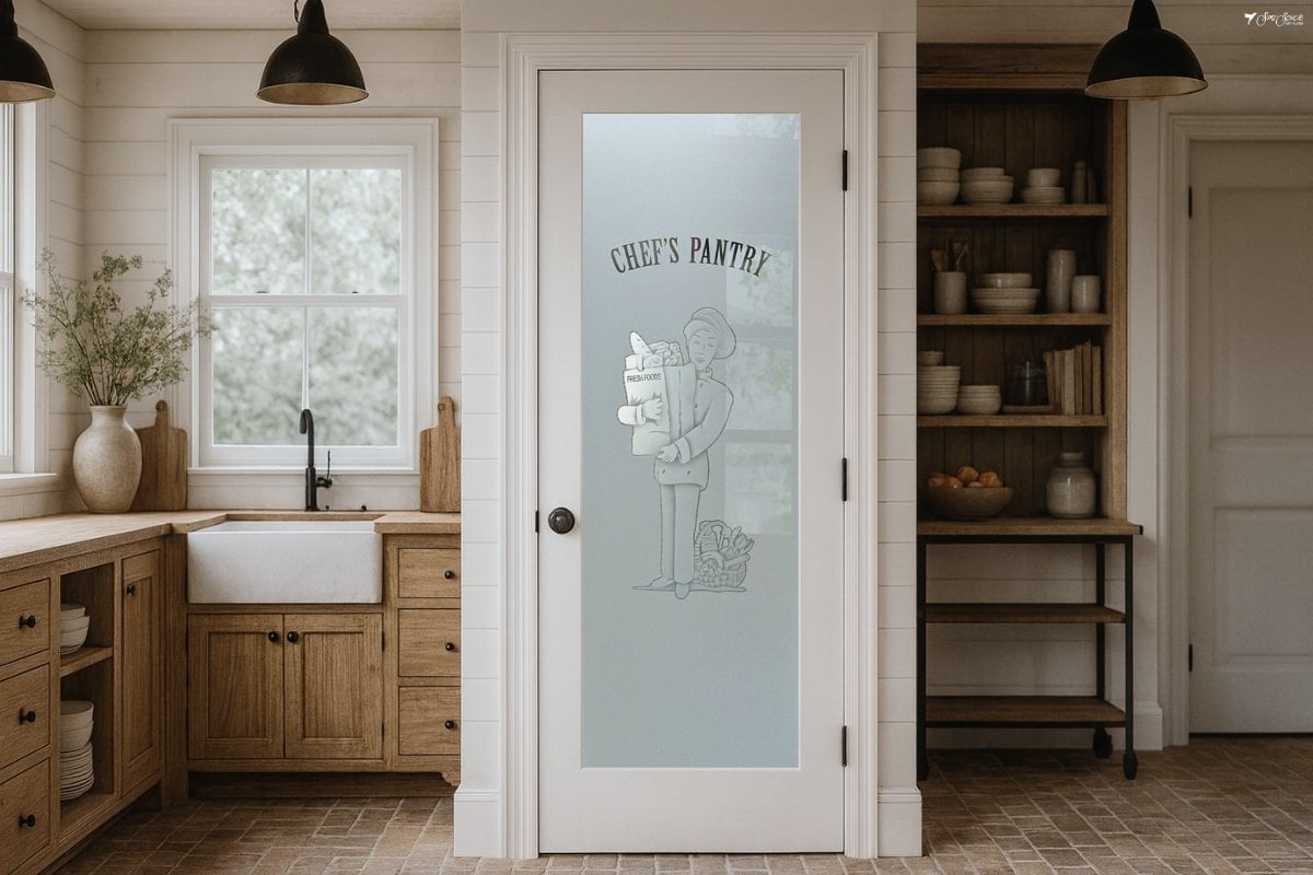 Farmhouse pantry door featuring the Pastry Chef frosted glass insert, framed in natural wood and showcasing artistic etched and/or painted details.