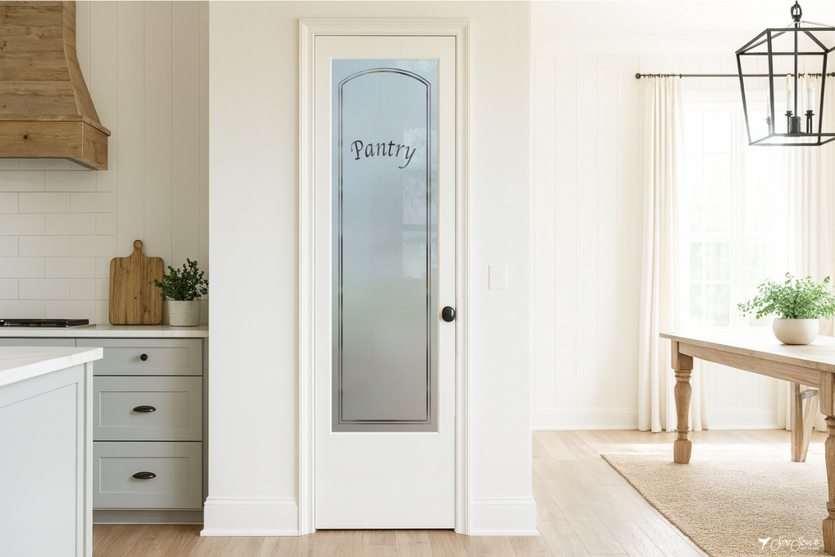 Farmhouse kitchen with a frosted glass pantry door as the focal point.
