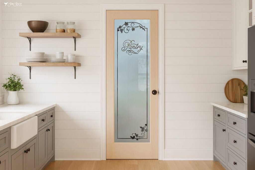 Farmhouse kitchen with a frosted glass pantry door featuring grapevine etching and the word “Pantry” in script, centered between white shiplap walls, gray shaker cabinets, and wood shelves.