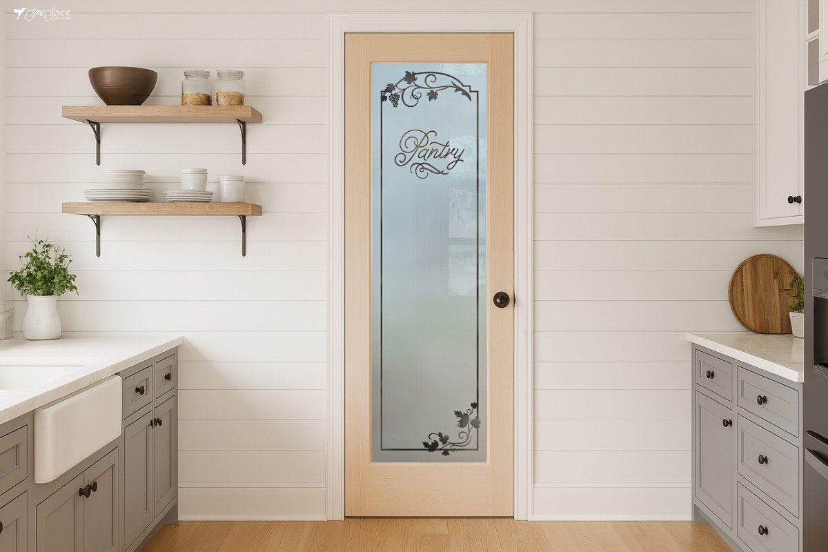 Farmhouse-inspired frosted glass pantry door