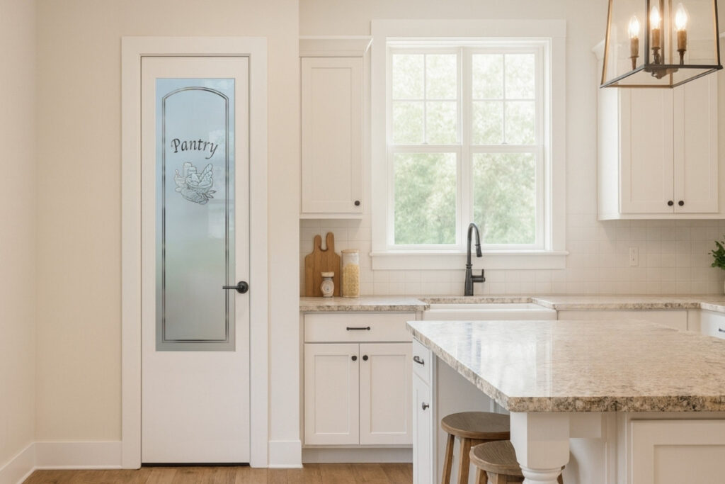 Farmhouse kitchen with a frosted glass pantry door featuring a bread basket design.