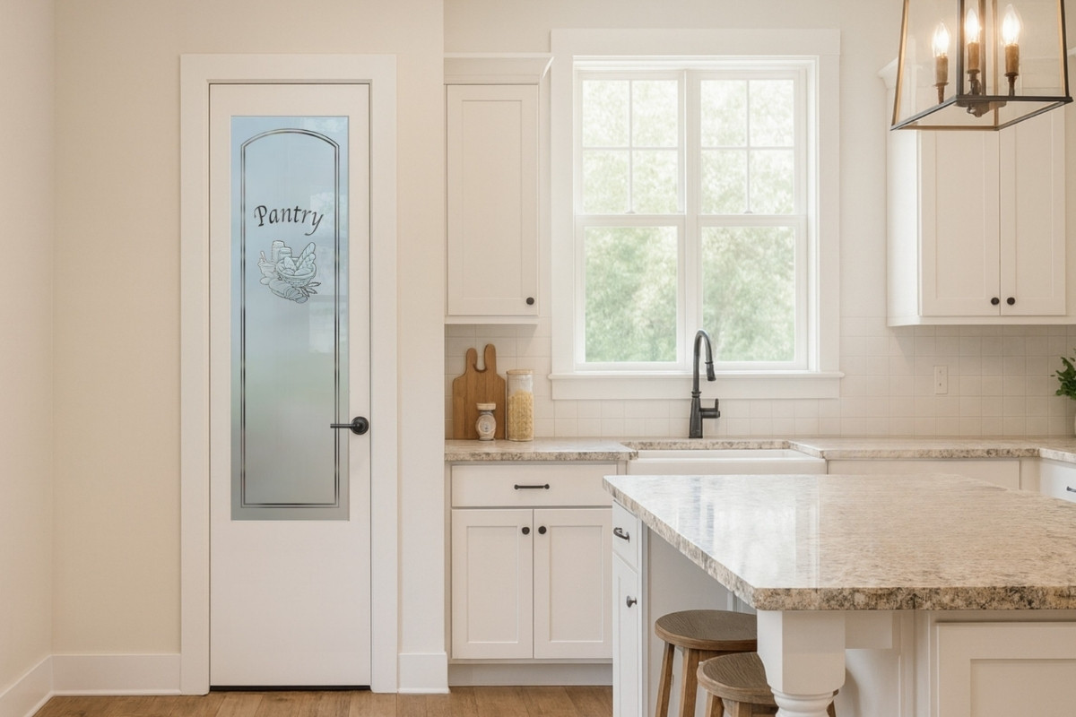 Farmhouse kitchen with a frosted glass pantry door featuring a bread basket design.